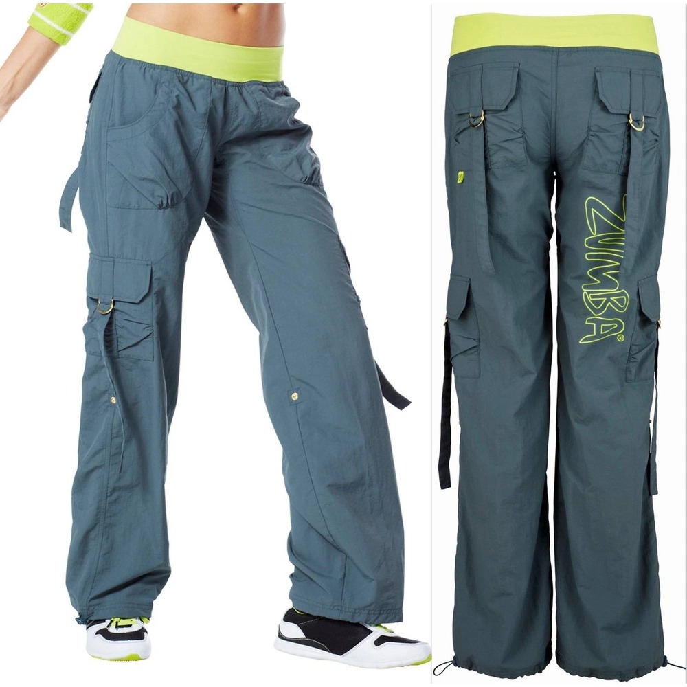 Zumba Wear Cargo Dance Pants Grey Neon Yellow Logo Bungee Hem Mens Medium